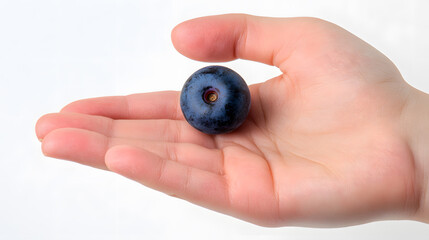 Obraz premium Top view of a blueberry resting on an open hand isolated on a white background