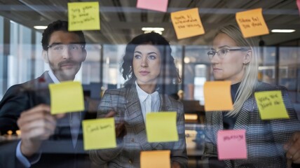 Professionals collaborating creatively with colorful sticky notes in a modern office environment, brainstorming new ideas.