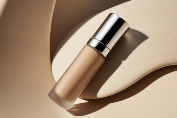 A stylish matte foundation tube under soft, diffused lighting, with warm, natural tones that enhance the beauty of minimalistic skincare products