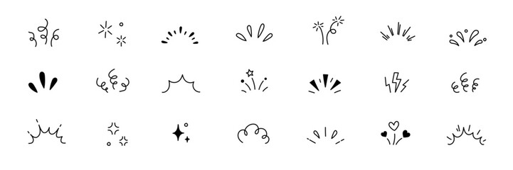 Line confetti exclamation icon elements. Hand drawn confetti explosion burst ray shine line icon illustration. Spark exclamation emphasis ray twinkle starburst decoration. Vector illustration.