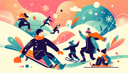 Vibrant illustration of a family having fun in the snow, enjoying winter activities like sledding and playing outdoors
