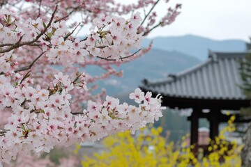 Fototapeta premium Cherry blossoms bloom in early spring near a traditional pavilion in a serene landscape