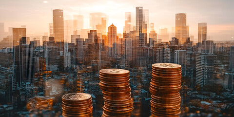 coins stacking up in a city skyline during sunset.