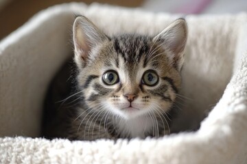 Adorable tabby kitten peeking from cozy blanket in a sunlit room