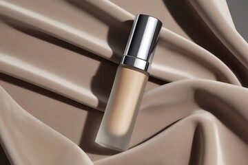 A sleek matte foundation tube displayed under soft, diffused lighting, with a natural color palette