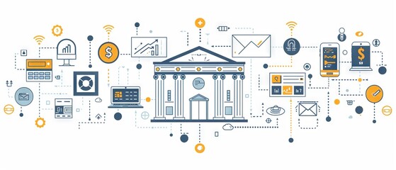 Fintech vector illustration featuring connected icons representing financial technology services, innovative banking solutions, digital transactions, and mobile payment systems