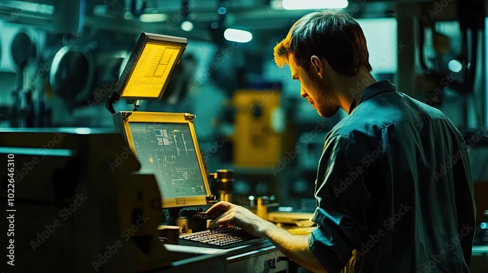 Poster a man working on a computer in a factory setting