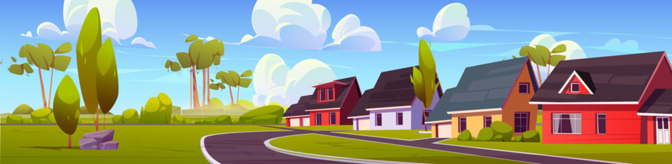 Suburban town street. Vector cartoon illustration of cozy rural neighborhood with houses and garages along lane, green trees and grass, clouds in sunny blue sky, modern residential area on summer day
