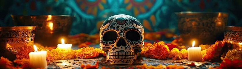 A beautifully decorated skull surrounded by candles and vibrant flowers, symbolizing cultural traditions and remembrance.