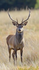 Obraz premium Majestic stag standing tall in golden grasslands during a serene afternoon