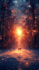 Fototapeta premium winter evening street in a cozy neighborhood with houses dressed in festive lights, snowflakes gently falling, and families gathered around a Christmas tree, smartphone wallpaper