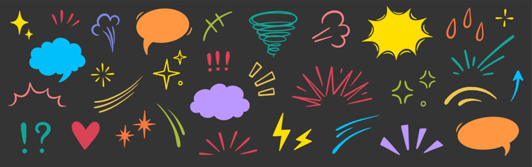 Comic cartoon effect cute element set. Comic speech bubble, emoji symbol, star spark, line movement cartoon vector icon. Cute hand drawn doodle speed motion, funny spark. Vector illustration