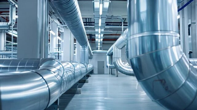 Industrial Interior with Large Metal Pipes and Modern Ventilation System in a Clean and Well-Lit Facility