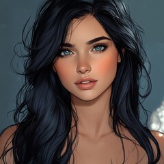 Naklejka premium A captivating portrait of a young woman with striking blue eyes and flowing black hair