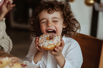 Kid excitedly eating donut at birthday party