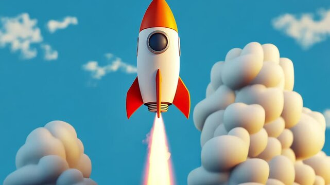A cartoon rocket ship blasting off into the blue sky, surrounded by clouds.