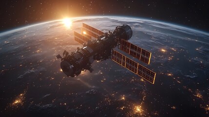 a space satellite floating above earth, with the planet below showcasing continents, oceans, and swirling cloud patterns. 