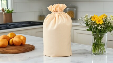 Neutral Bag on Kitchen Counter with Fruits and Flowers
