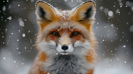 Fototapeta premium a close-up of a red fox with its vibrant fur standing out against a snowy background. close-up of a red fox in a snowy forest, wildlife