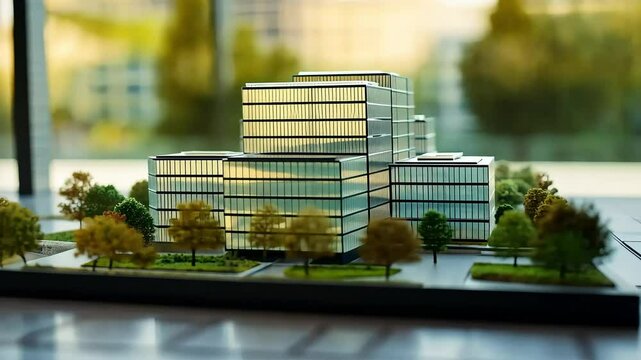 A close-up of a scale model of a modern office building with trees, set on a table with blueprints.