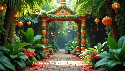 Lush greenery combined with Dussehra decorations creating a festive vibe and showcasing nature's beauty during celebrations.