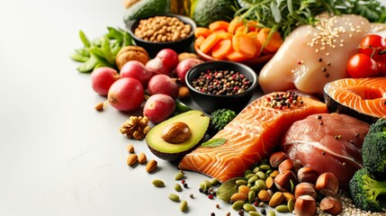 Clean horizontal layout with healthy foods like whole grains, chicken, avocado, and nuts, representing a balanced diet