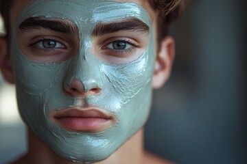 Fototapeta premium Man with a green face mask on. The man has a serious look on his face