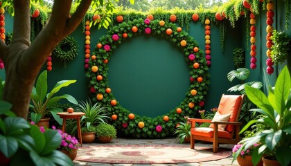 Lush greenery combined with Dussehra decorations creating a festive vibe and showcasing nature's beauty during celebrations.