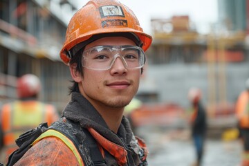 Fototapeta premium Man wearing a hard hat and safety glasses is smiling for the camera. He is standing in front of a construction site