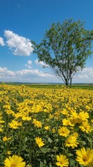 Obraz premium Vibrant yellow flowers sway gently under a bright blue sky near tranquil waters