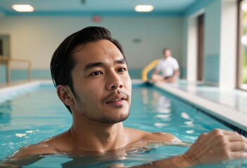 A man is relaxing in a therapeutic pool, enjoying a hydrotherapy session for wellness and recovery.