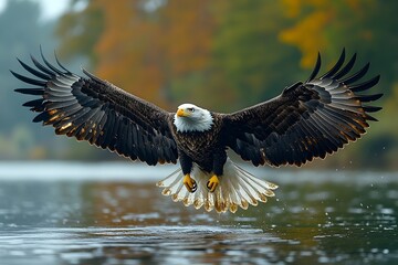 a bald eagle with its wings fully spread, gliding over a river with its reflection visible in the water. bald eagle soaring over a river, eagle and natural habitats, wildlife