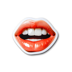 Fototapeta premium Sticker of realistic red lips and white teeth isolated on a white background.