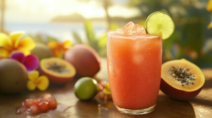 Fototapeta premium Refreshing Tropical Drink with Fresh Fruits and Ice