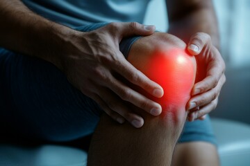Man is sitting with his knee bent and holding it with his hands. The knee is red and swollen, indicating that he may have injured it. Concept of discomfort and pain