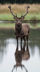 Majestic stag stands proudly in tranquil waters during a serene morning in nature