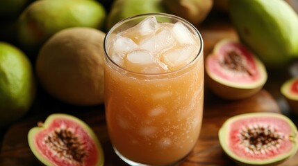 Fresh Guava Drink with Ice in Glass