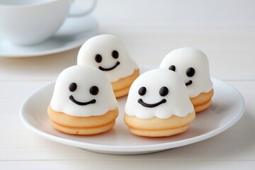 Four white and black ghost shaped cookies with smiling faces on them. The cookies are placed on a white plate