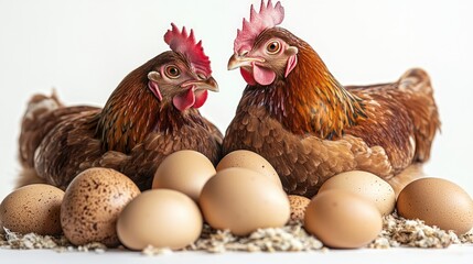 Fototapeta premium Two brown hens sitting beside a nest of brown eggs on a white background.
