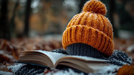 Cozy Winter Scene with Knitted Hat and Open Book
