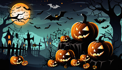 Halloween background with pumpkins, ghosts, bats and haunted house. 