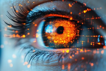Close up of a person's eye with a bright orange glow surrounding it. eye is surrounded by a blurry, pixelated effect, giving the impression of a digital or computer-generated image. eye is main focus