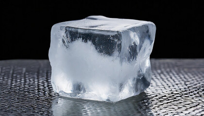A close-up of a crystal-clear ice cube on a textured surface against a dark background