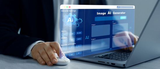 Artificial Intelligence Image Content Generator.AI image creation service technology.Person using AI software to generate images with  futuristic platform user interface. Image AI generator concept