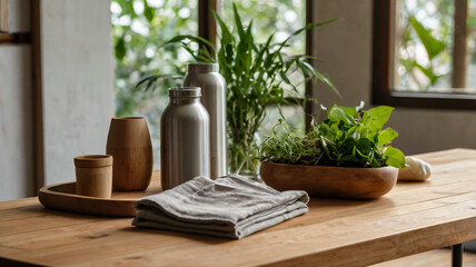 Sustainable living concept featuring eco-friendly products. Close-up of bamboo cutlery, stainless steel water bottles, and cloth grocery bags arranged on a wooden table.