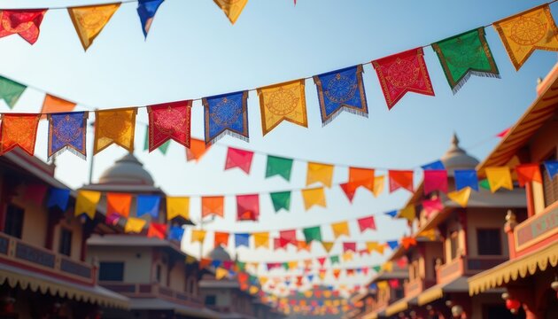 Colorful Dussehra banners and flags fluttering in the gentle breeze setting a cheerful tone for the festival atmosphere.