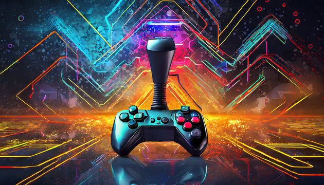 A modern gaming controller displayed against a vibrant, abstract background with neon lights and patterns during an evening gaming session