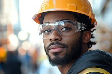 Man wearing a yellow hard hat and safety glasses. He is smiling and looking at the camera