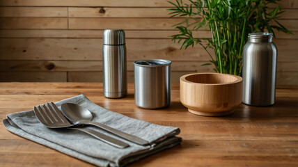 Sustainable living concept featuring eco-friendly products. Close-up of bamboo cutlery, stainless steel water bottles, and cloth grocery bags arranged on a wooden table.