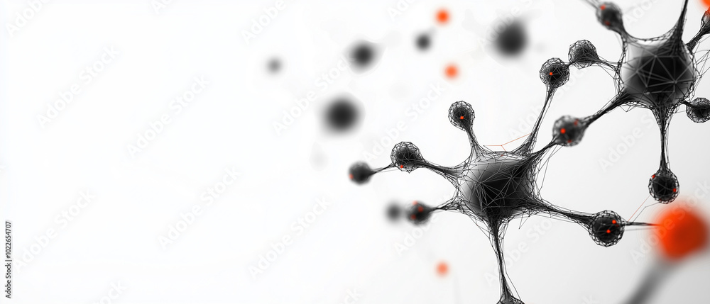 Poster abstract 3d wireframe structure of interconnected molecules, showcasing blend of black and orange el